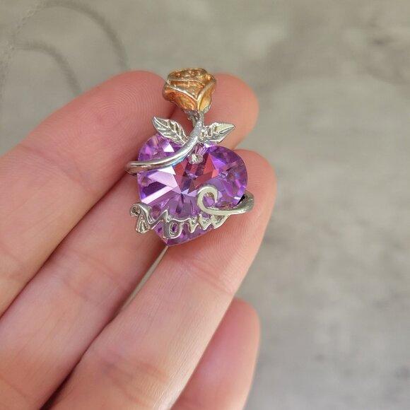 Purple Heart Mom Necklace Rose Gold Silver Crystal Pendant Mother's Gift Chain - Picture 2 of 9